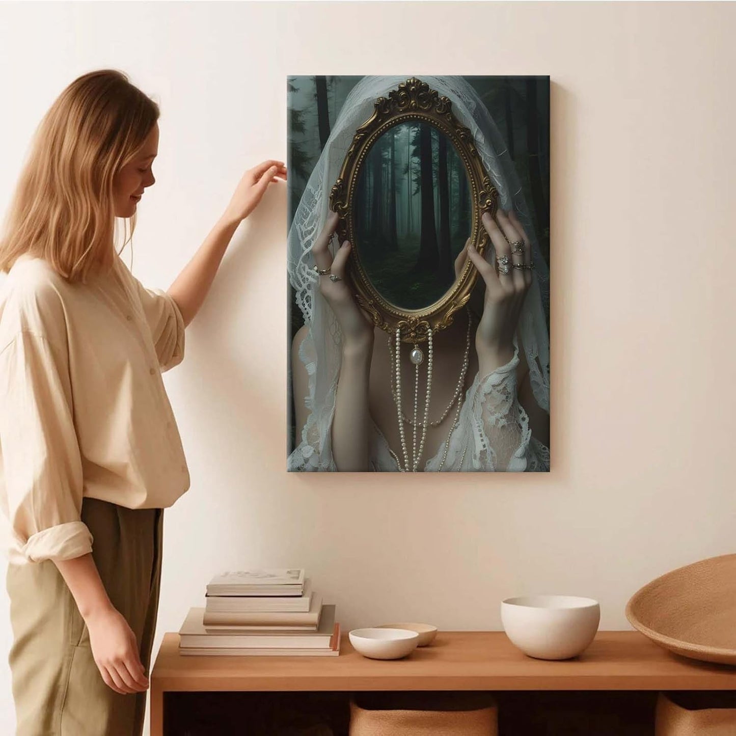 Mirror face covering dark art poster print melancholy gothic painting vintage feminine print victorian style decoration antique art28x40in Frameless