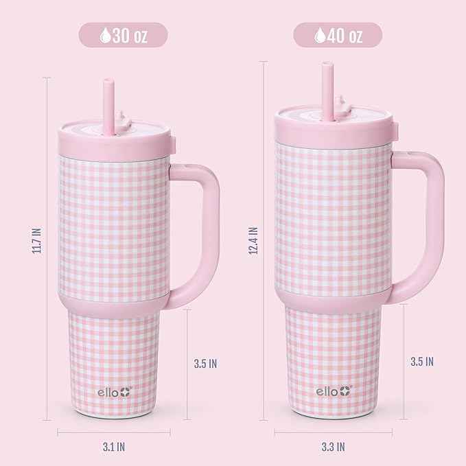 Ello Oasis 40 oz Tumbler with Handle & Retracting Straw | Reusable Insulated Stainless Steel Cup 100% Leakproof, Gifts for Teens Women Men | Keeps cold for 24 Hours, Cup Holder Friendly, Pink Gingham