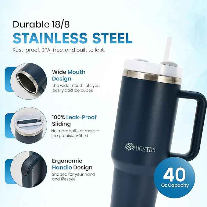 40 oz Stainless Steel Travel Tumbler, Vacuum Insulated, Two Way Lid, Straw/Sip, Hot Cold Drinks, Quencher, Wide Mouth, Coffee Water Smoothie Iced Tea, Car Gym Beach, Portable Light Weight