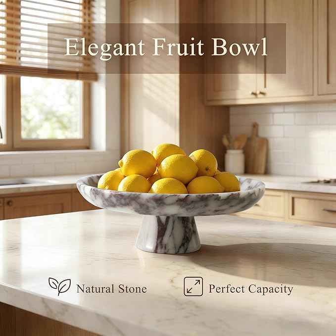 YMXYJM Natural Marble Pedestal Fruit Bowl, Large Decorative Bowl for Kitchen Counter/Living Room/Dining Table/Entryway,Calacatta Viola Purple