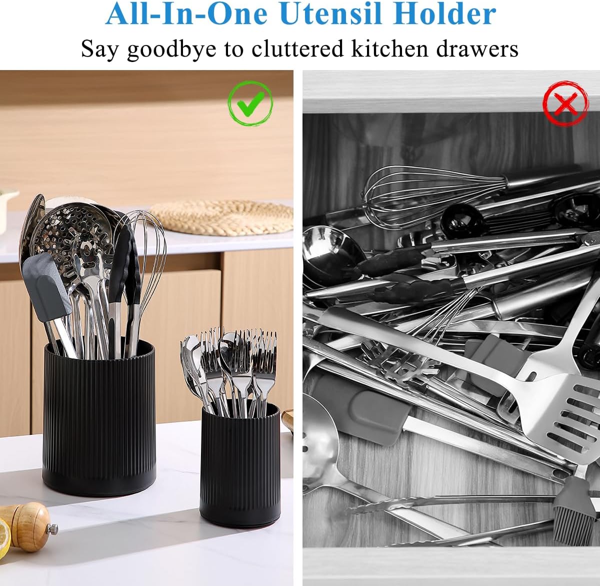 Kyraton Cooking Utensils Holder 2pcs, 360° Rotating Heavy Duty Plastic Kitchen Utensil Holder for Countertop, The Small Utensil Crock for Cutlery Silverware, Tooth Brush, Desk Pencil Pen
