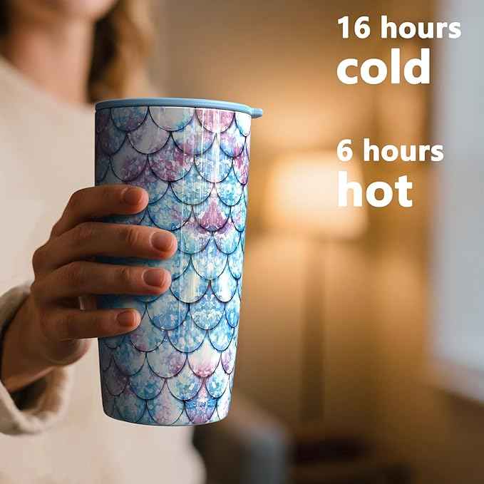 TILUCK 20 oz Insulated Tumbler with BPA-Free Lid, Stainless Steel Vacuum Travel Coffee Mug, Double Wall Coffee Tumbler（20oz，FishScales）