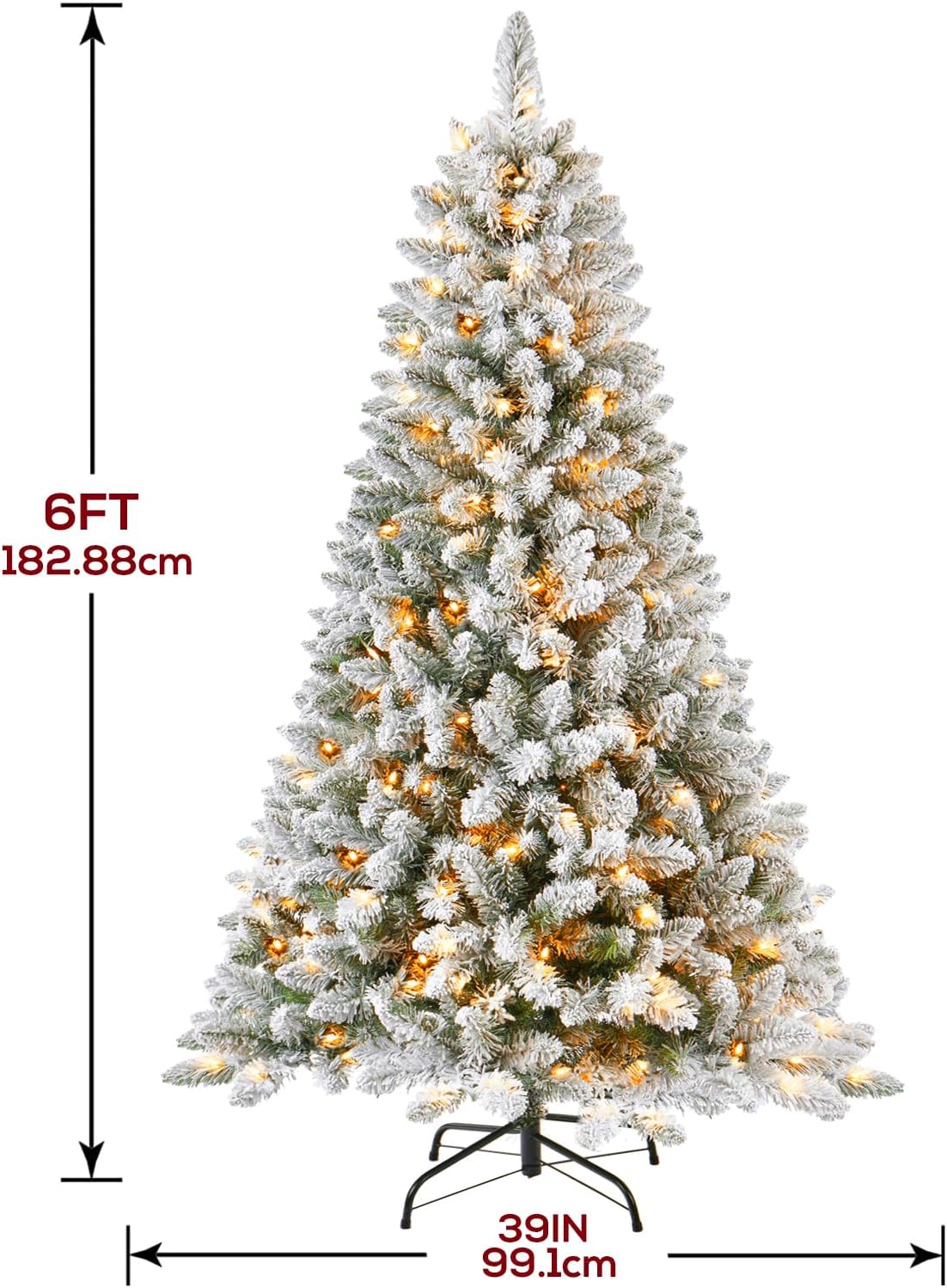6 FT Pre-lit Snow Flocked Christmas Tree, Artificial Christmas Tree with 250 Warm White & Color LED Changing Lights, 600 PVC Branch Tips, Easy Assembly/Metal Stand/Hinged/8 Color Modes