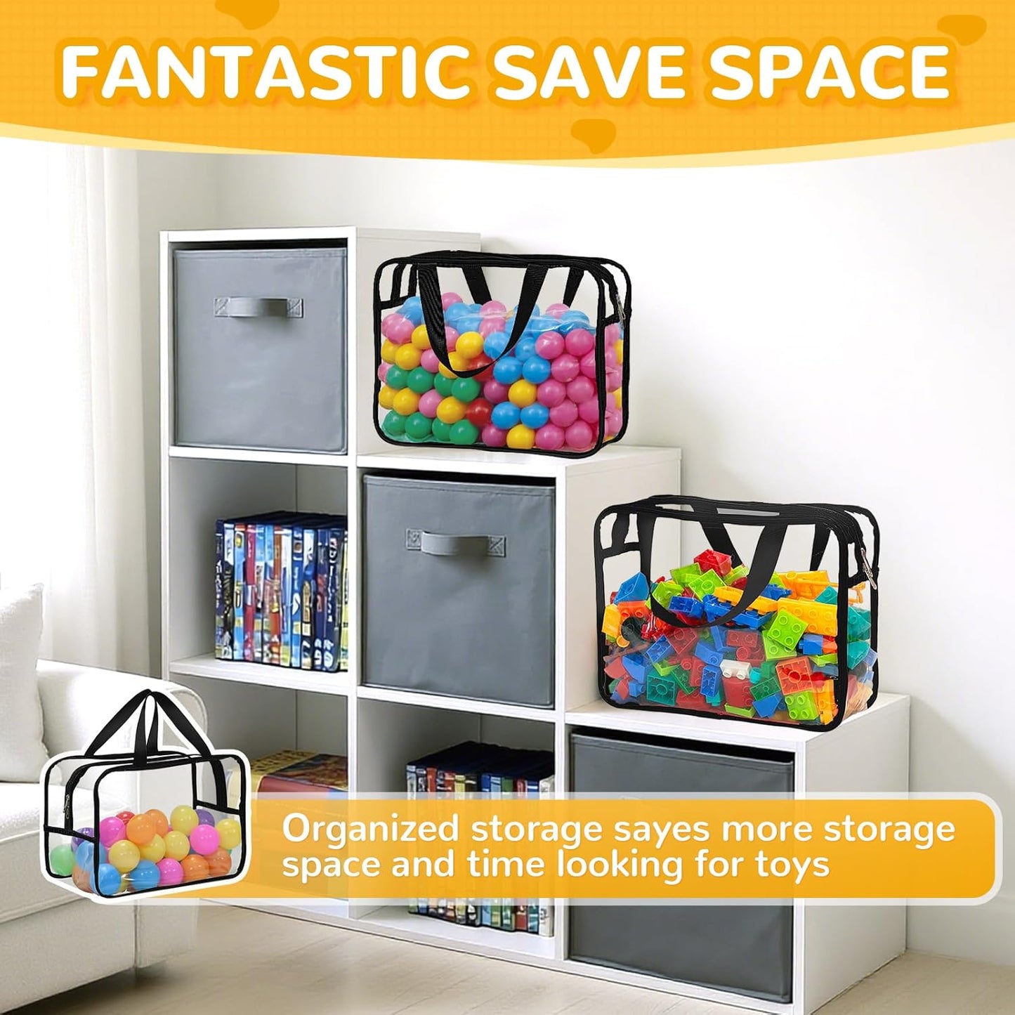 8 Packs Large Toy Storage Bags with Labels, Reusable Clear PVC Board Game Storage, Travel Waterproof Organizer Bags with Zipper for Building Blocks, Puzzle, Kids Books(4 large & 4 Extra Large)