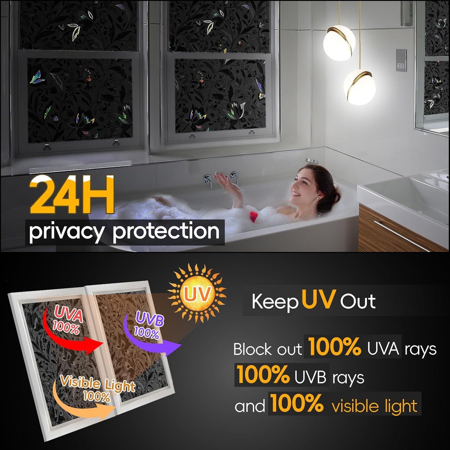 Total Blackout Window Privacy Film Decorative Static Cling with Tools, Room Darkening Window Tint for Home, Black Out Window Cover Replacement Window Curtains Window Blinds,45.2" by 78.74"