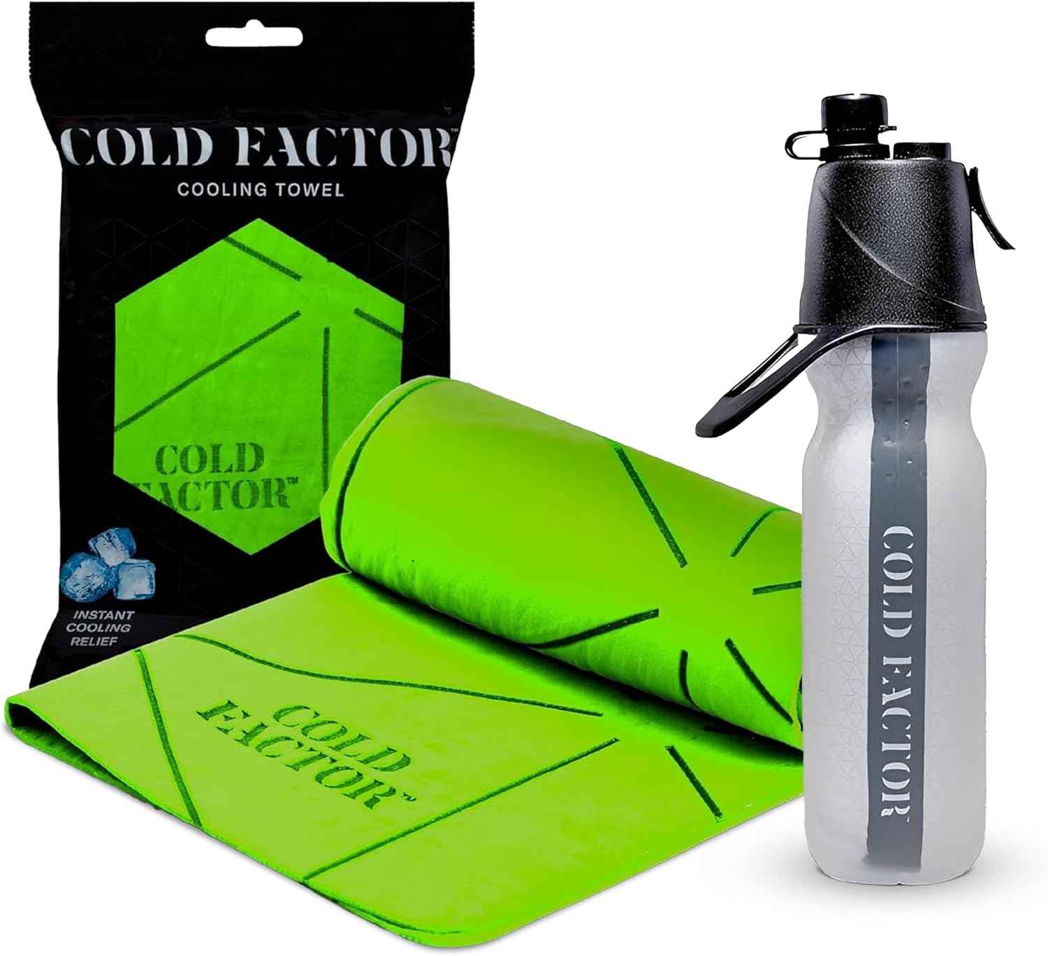 COLD FACTOR Lime Cooling Towel & Misting Water Bottle Bundle– Soft Cooling Neck Wrap w/UPF 50+ Protection, Machine Washable – Insulated 20oz Hydration & Cooling Spray for Sports, Exercise & Fitness