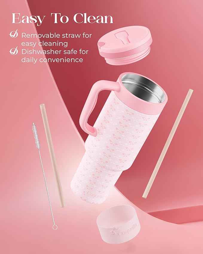 40 oz Insulated Tumbler with Handle and Push-Button Straw Lid, Stainless Steel Travel Cup for Gym Office, Leakproof, BPA-Free, Cup Holder Friendly, Bow Silicone Boot, Pink (Coquette Blush)