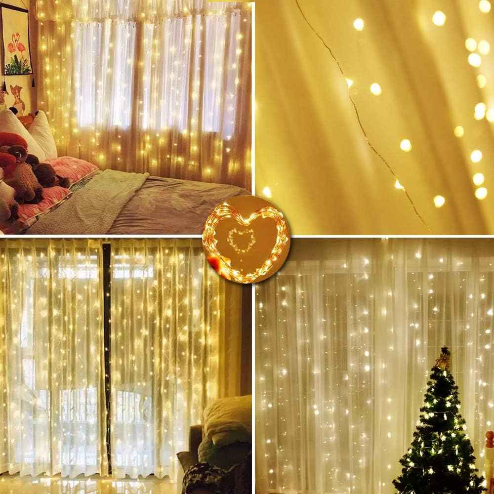 Curtain Lights 300 LED String Lights, Window Hanging Lights USB Powered 8 Lighting Modes & Timer Remote Dimmable Copper Lights for Bedroom, Home, Party, Wall Decor-9.8ft x 9.8ft(Warm White)