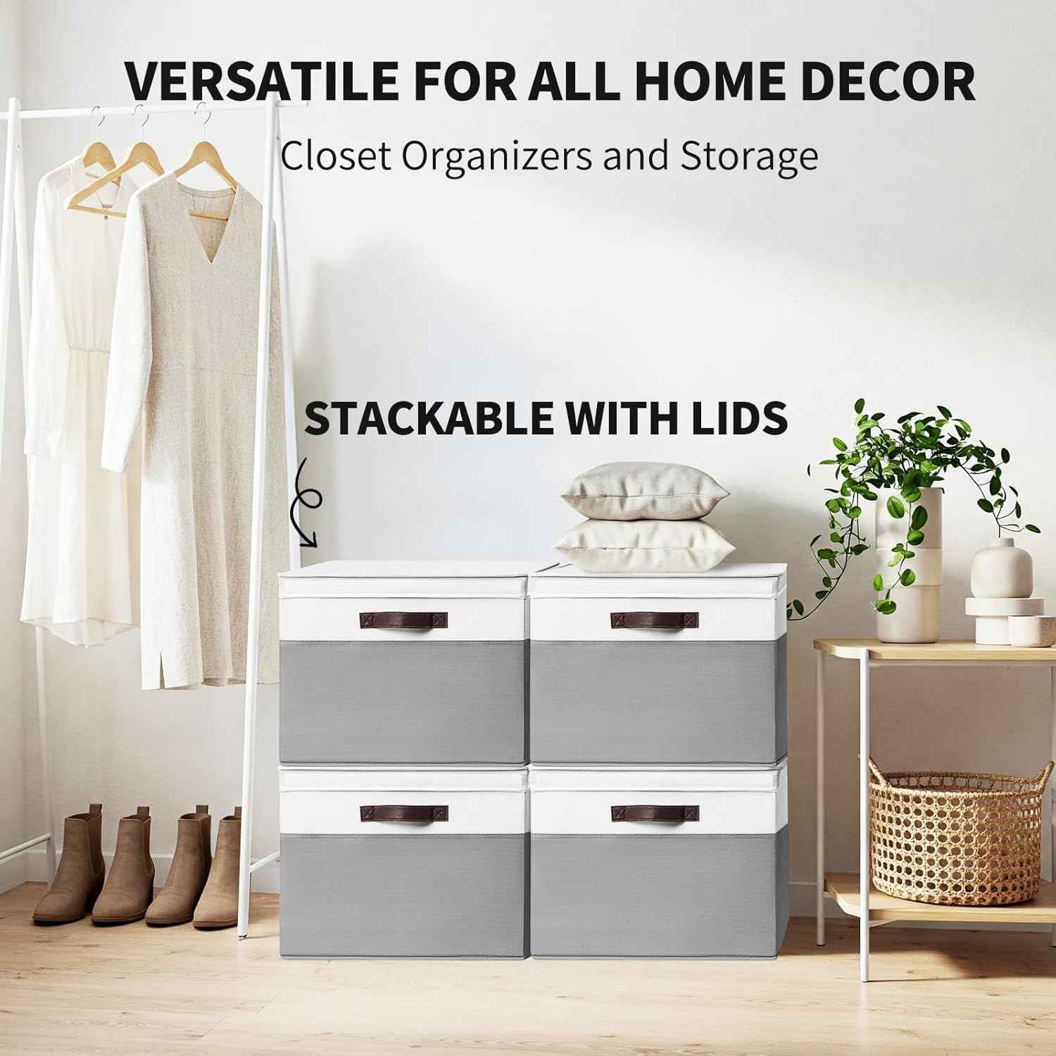 2 Pack EXTRA LARGE Blanket Storage Baskets with Lids, 22”x16”x12” Closet Organizers Bins for Clothes Towel/ Storage Box with Lid Handles/ Stackable Decorative Fabric Bins for Living Room, Nursery