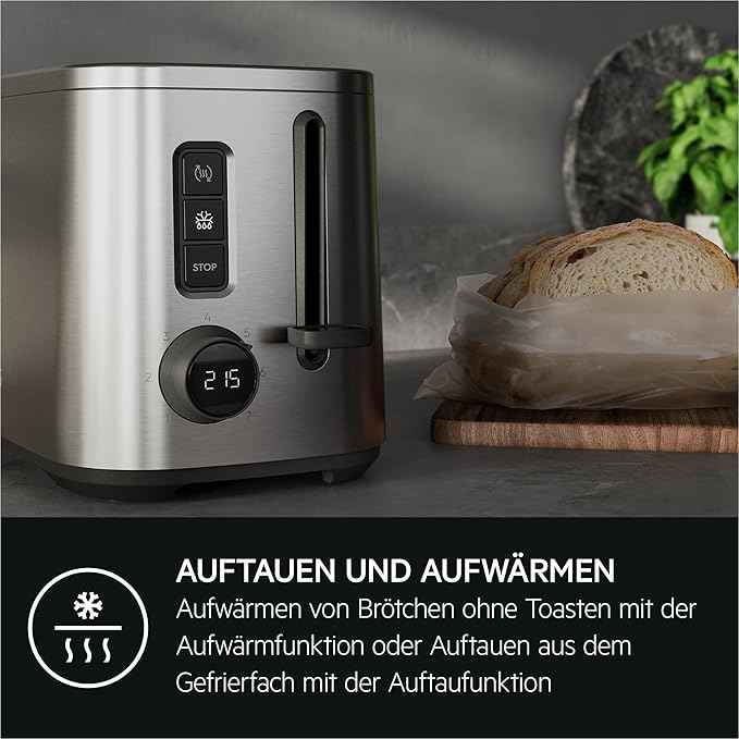 AEG T5-1-4ST Toaster Deli 5/7 Toaster Settings/Countdown Timer/Stop, Defrost, Warm-up Button/Auto Centering/Cool-Touch Case/Wide Slots/Crumb Tray/Stainless