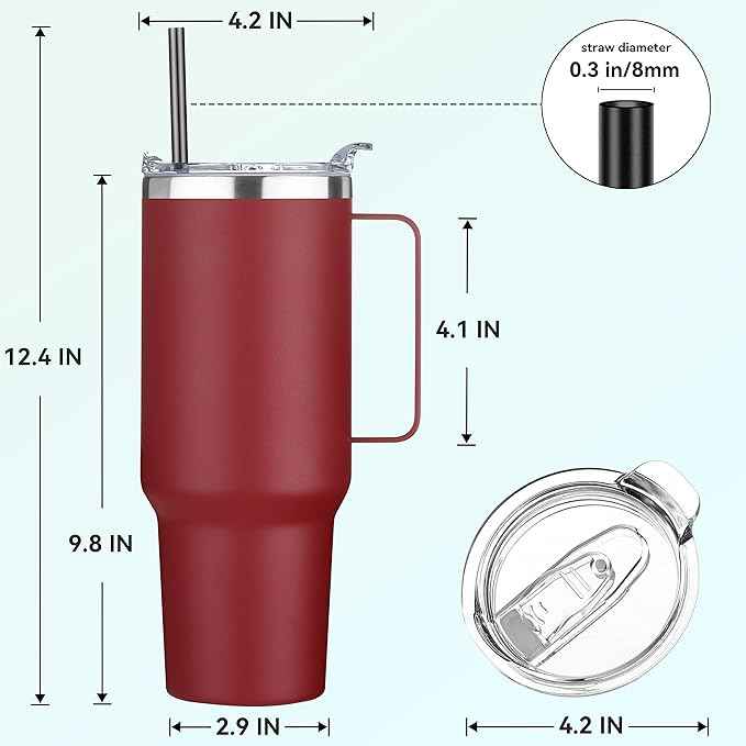 HASLE OUTFITTERS 40 oz Stainless Steel Tumbler with Handle, Vacuum Insulated Tumblers Bulk, Reusable Double Wall Travel Coffee Mug, Durable Powder Coated Water Bottles(Wine Red, 8)