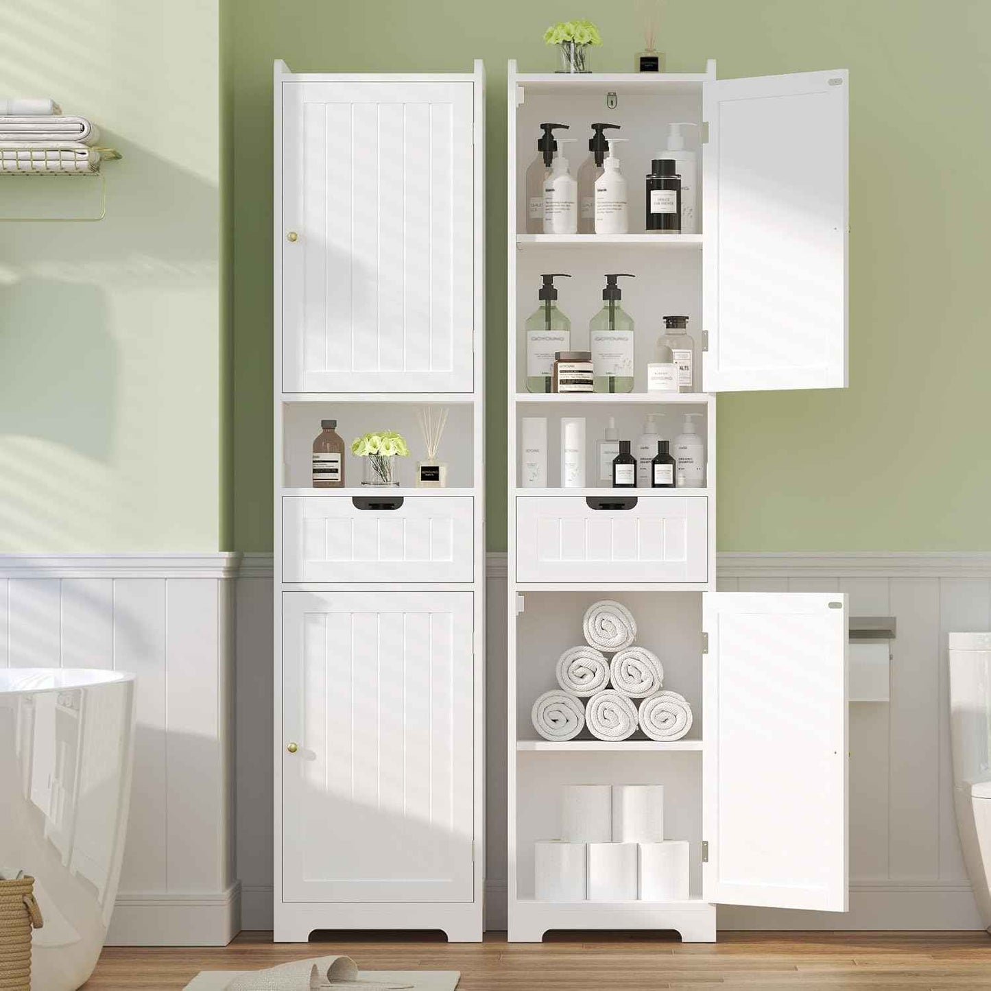 TidyHaven 67" H Tall Bathroom Storage Cabinet, Slim Narrow Organizer with Adjustable Shelves, 2 Doors & 1 Drawer, Freestanding Floor Cabinet for Bathroom, Kitchen, Living Room, (White)