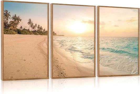 Aurlan Tropical Beach Sunset Framed Wall Art(16"x24"), 3PCS Coastal Ocean Island Canvas Artwork, Vintage Seascape Landscape Scenery Decor Prints for Office Home