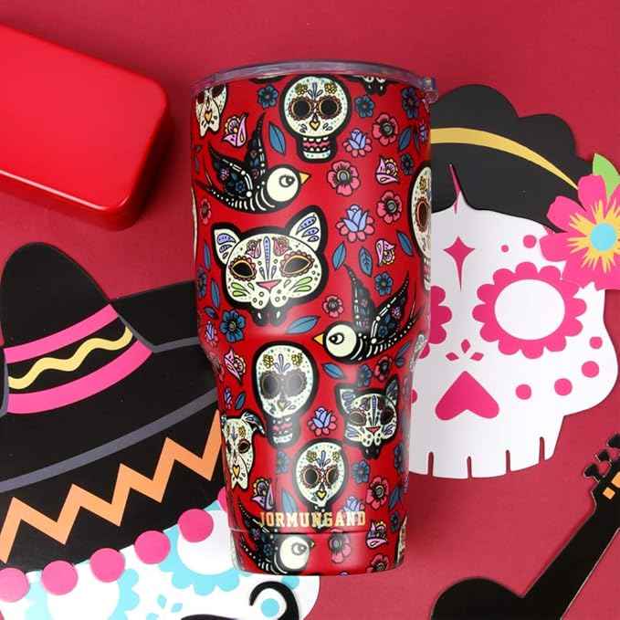 Jormungand 30 oz Tumbler with Handle and Straw Stainless Steel Vacuum Insulated Water Bottle Cup Holder Friendly Coffee Mug with Leak Proof Lid Gift for Women&Men Red Sugar Skull