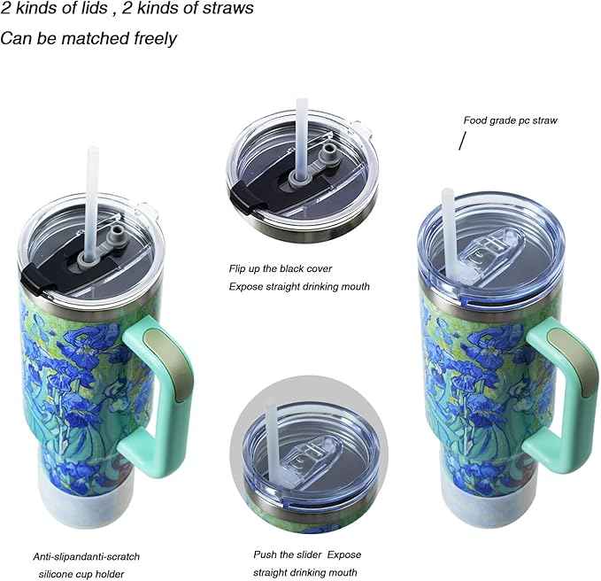 Jormungand 40 oz Tumbler with Handle and Straw, Vacuum Insulated Stainless Steel Cup & Water Bottle, Leakproof Lid, BPA-Free, Cup Holder Friendly for Travel, Keeps Drinks Hot & Cold Irises 2