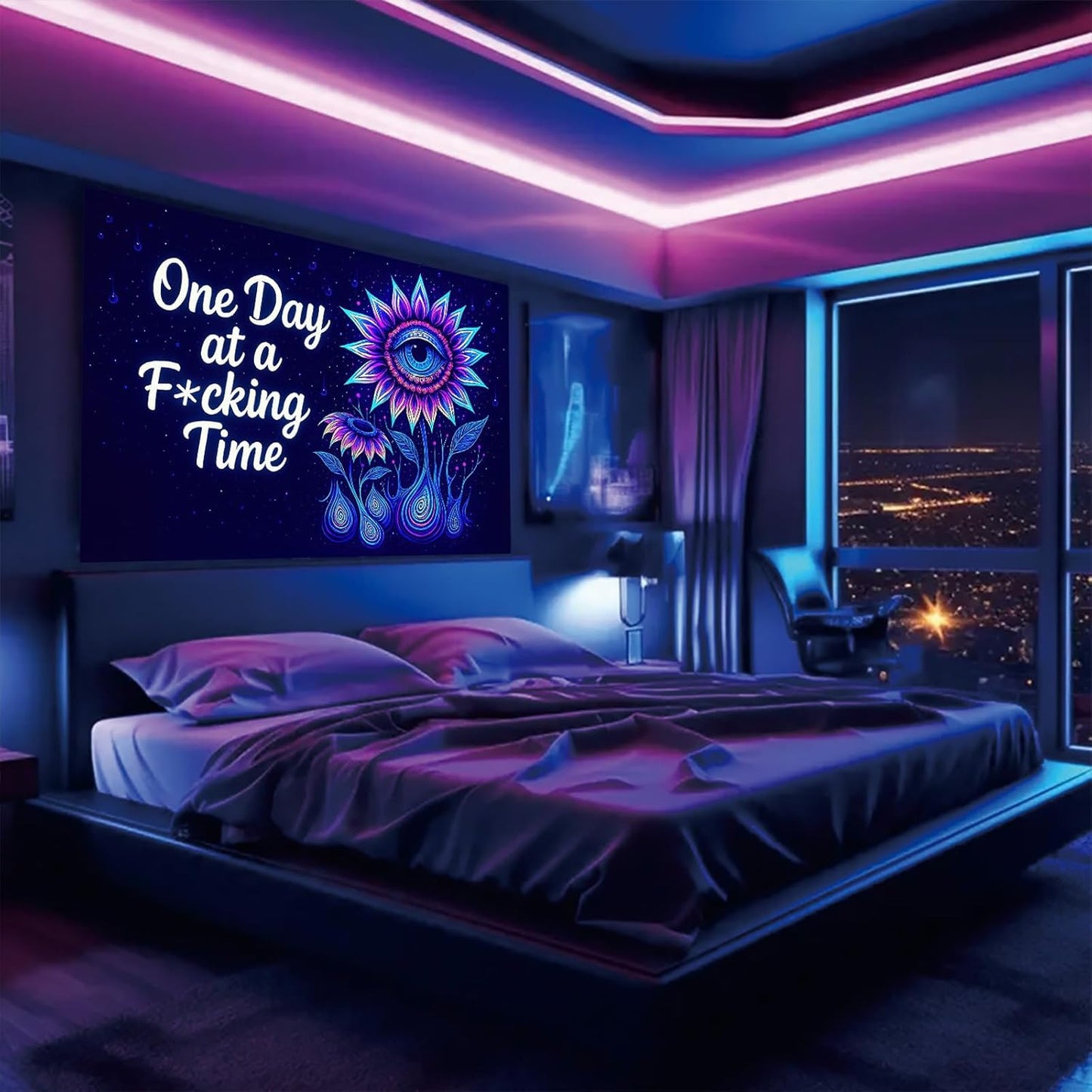 Starlit Patio Blacklight Trippy Tapestry UV Reactive Psychedelic Eye Flower Wall Hanging with Quote for Bedroom Dorm Living Room Aesthetic Glowing Decor Fluorescent Poster Large 78 x 59 Inch