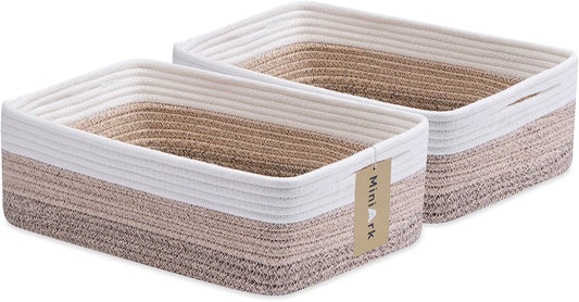 Large Shallow Organizing Baskets 15x11x5.1 Inches - Rope Woven Storage Bins for Bathroom, Shelves, Cube Closet, Gradient Brown 2 Packs