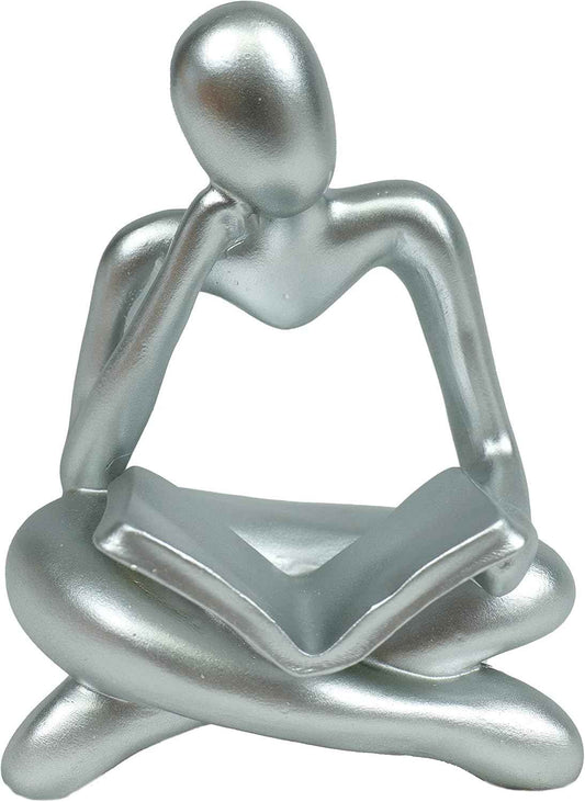 Thinker Statue - Silver Sculpture, Abstract Art, Women Figurine, Modern Decor Accents for Living Room, Office, Bookshelf