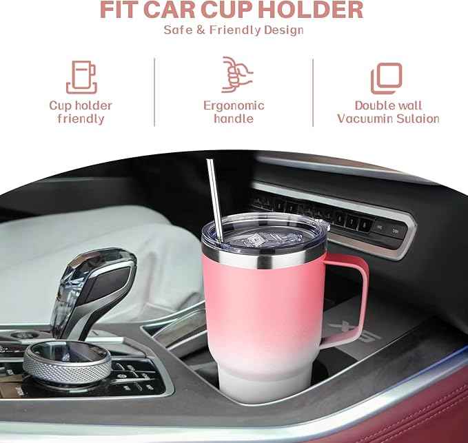 30 oz Stainless Steel Insulated Tumbler with Handle, Double Wall Vacuum Insulated Coffee Mug Tumbler, Thermal Cup for Cold and Hot (Pink White)