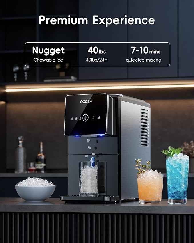 ecozy Nugget Ice Makers Dispenser 40 lbs Per Day Pebble Sonic Ice Machine Countertop, Touch-Free Ice, Self-Cleaning, Mistalo Drop Slim for Home Kitchen Office
