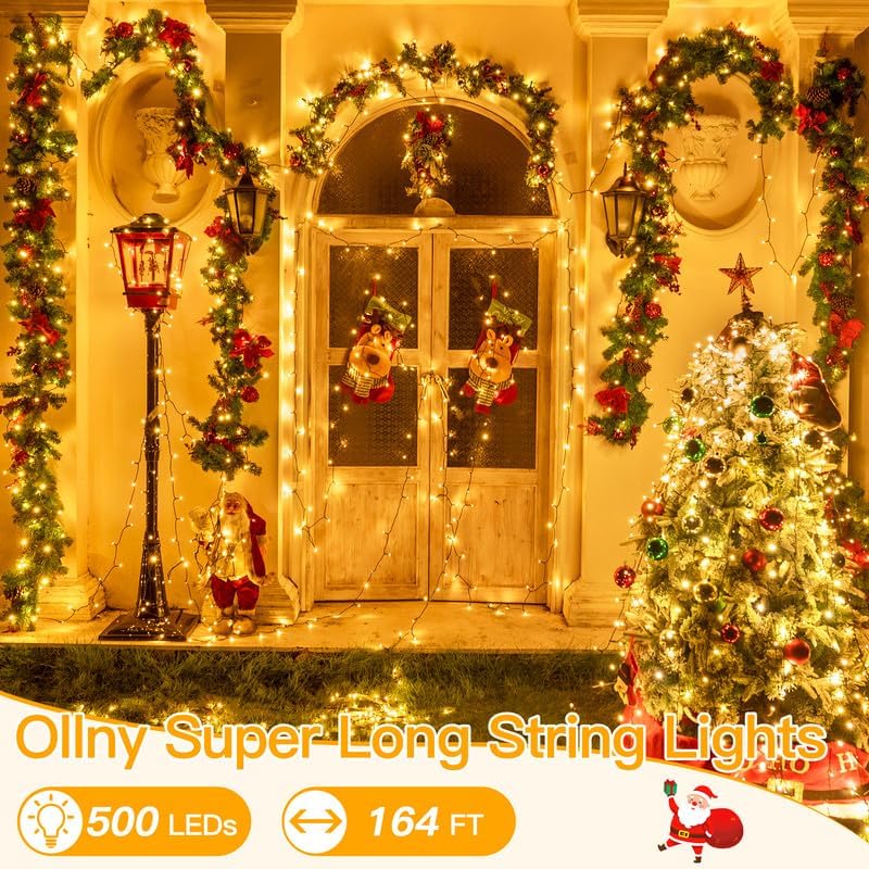Ollny Christmas Lights, 500LED 164FT Long Christmas Tree Lights with 8 Modes Remote Timer IP44 Waterproof, Outdoor Christmas Lights for Tree House Yard Outside Xmas Decorations Warm White