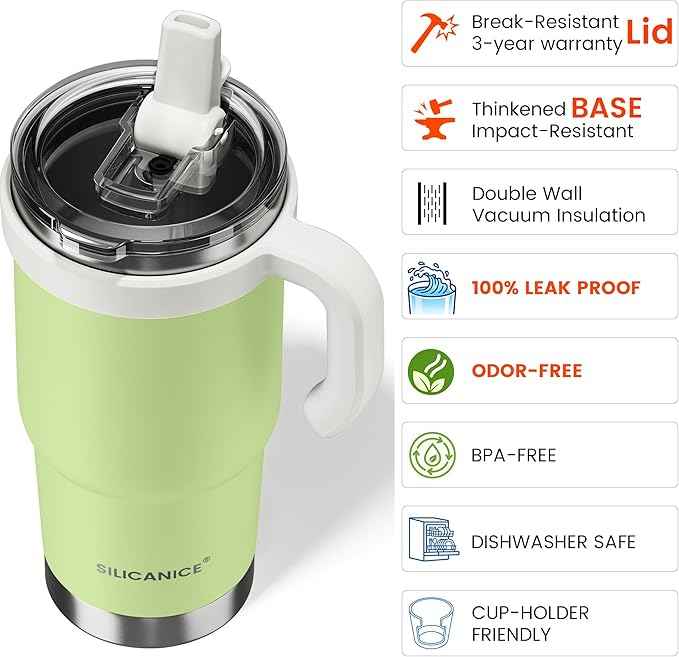 24oz Hygienic Insulated Tumbler with Handle —100% Leakproof Lid with Removable Spout & Straw, Reinforced Vacuum-Protection Base, Cup Holder Friendly, for Travel,Office & School-Key Lime