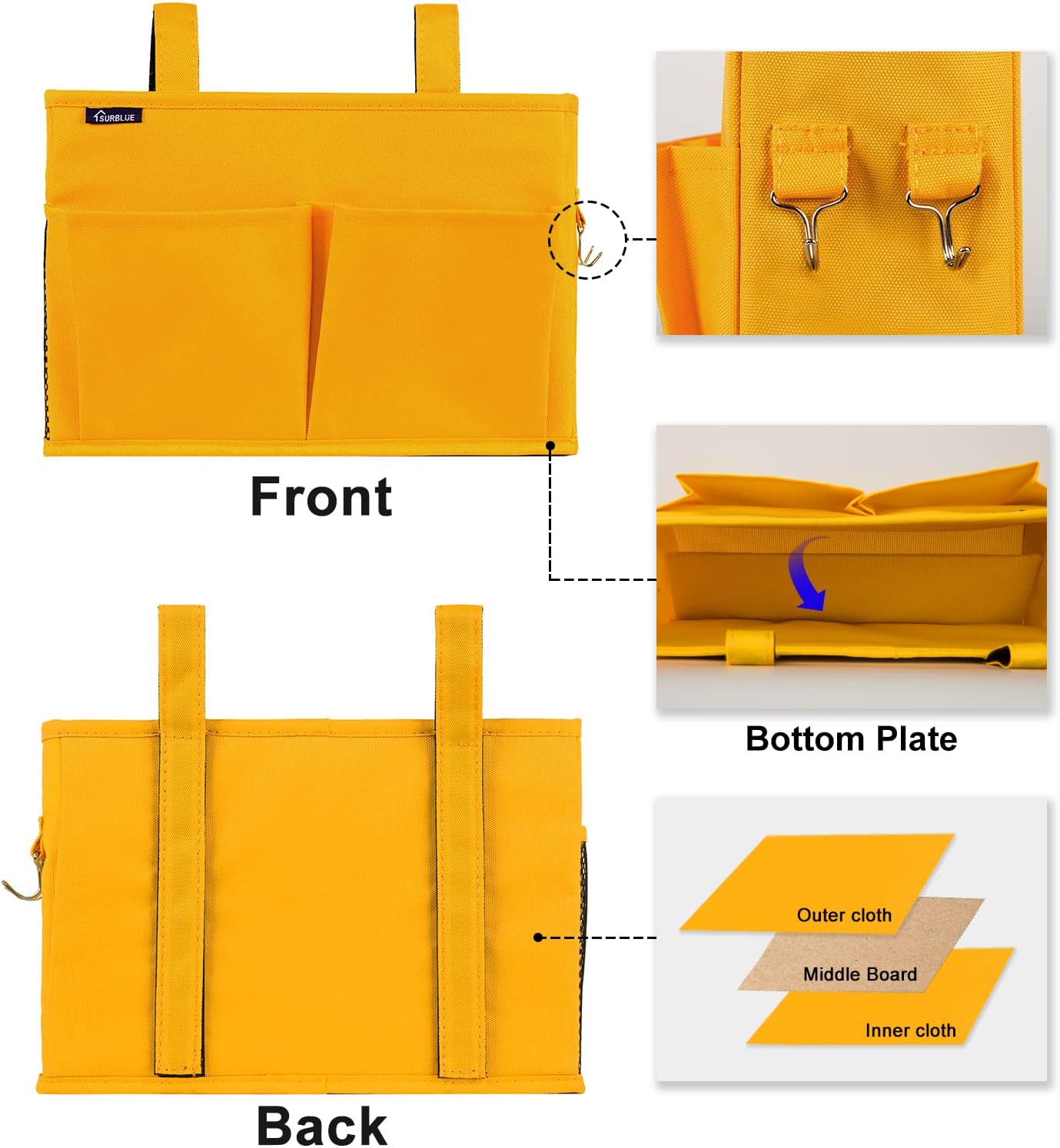 Surblue Bedside Caddy Hanging Bed Organizer Storage Bag Pocket for Bunk and Hospital Beds, College Dorm Rooms Baby Bed Rails, Camp 4 Pockets and 2 Hooks (Small, Yellow)