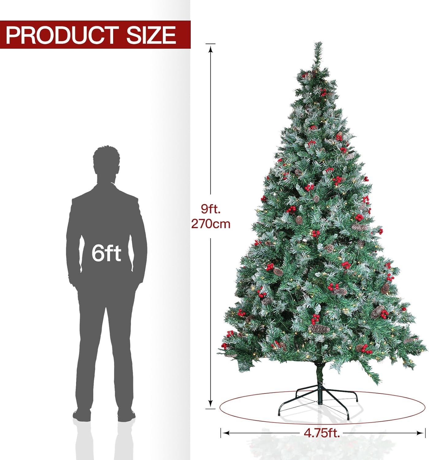 Prelit Christmas Tree with Lights 9ft - Premium Artificial Christmas Tree, with 2270 Branch Tips and 900 Warm Lightsm, Support Automatique, Easy Assembly,Perfect Choice for Xmas Decorations