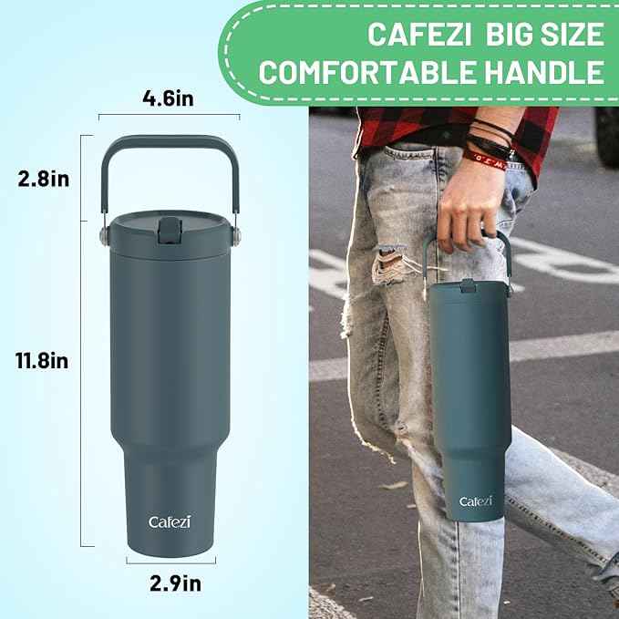 50 oz Insulated Water Bottle, Stainless Steel Water Bottles with Flip Straw and Top Handle, Leak Proof Tumbler with Lid and Straw, Fits in Cup Holder, Vacuum Insulated Cup for Home, Outdoors