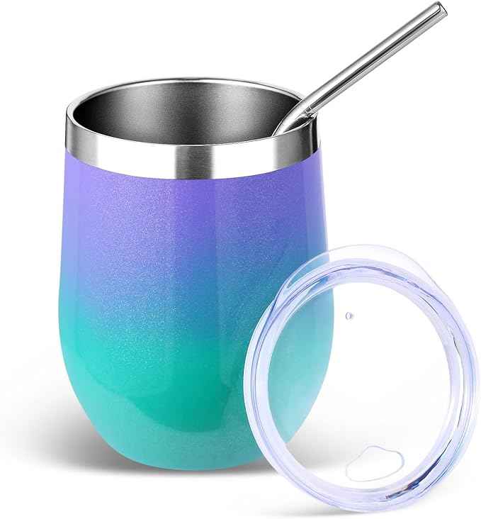 Volhoply 12oz Stainless Steel Wine Tumbler with Lid and Straw,Double Wall Vacuum Insulated Stemless Wine Glasses,Reusable Travel Coffe Mug for Cold Drinks,Tumblers Gifts for Women（Purple Green,1 Set）