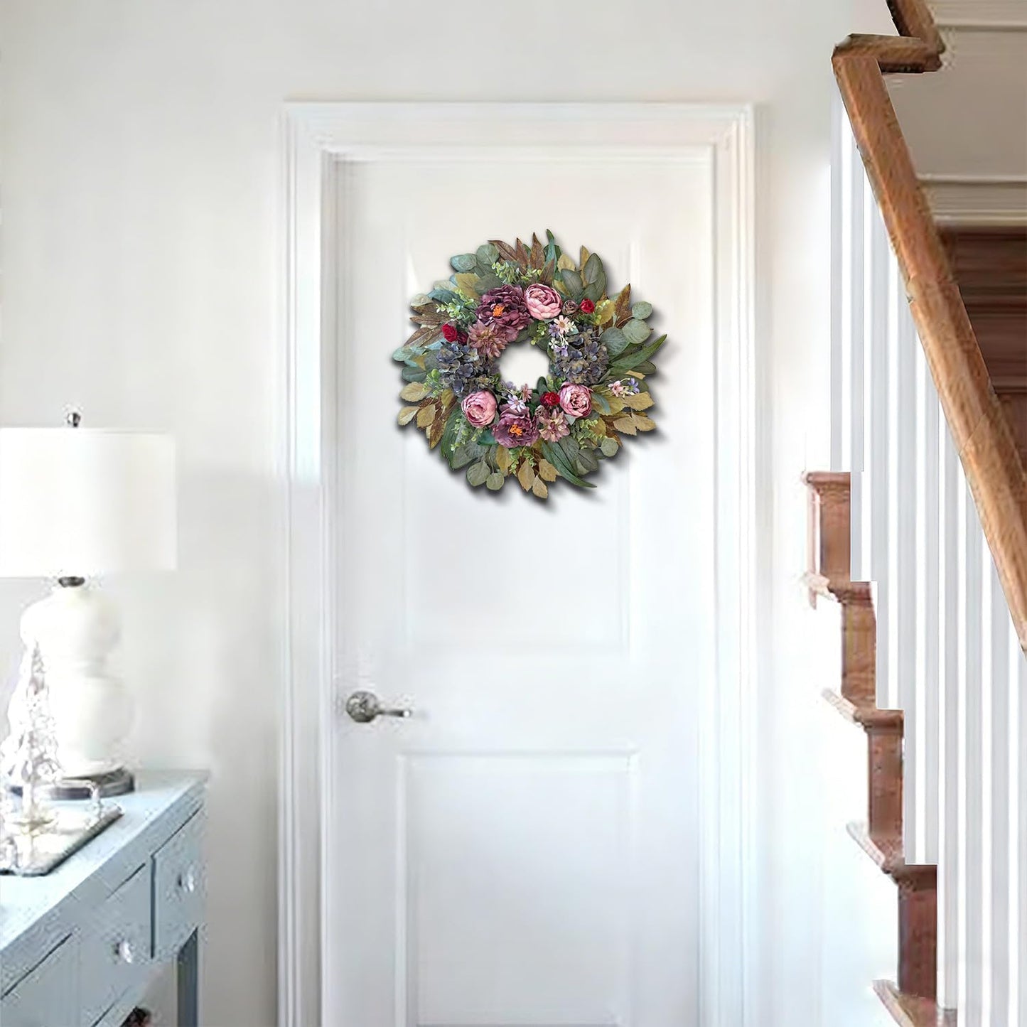WANNA-CUL 24 Inch Spring Wreaths for Front Door Decor, Spring Front Door Wreath with Pink&Purple Peony Floral and Vintage Blue Hydrangea Flower for Wedding or Indoor&Outdoor Wreath Decoration