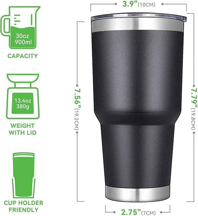 DOMICARE 30 oz Tumbler with Lid and Straw, Stainless Steel Tumblers Bulk, Insulated Vacuum Double Wall Travel Coffee Mug, Durable Powder Coated Tumbler Cups (Black, 4)