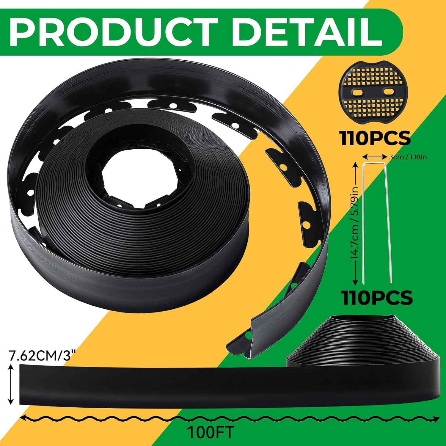 GOTGELIF Landscape Edging Border Kit No Dig, 3'' x 100FT, Black Garden Edging with 110 U-Shaped Nails for Lawn, Flower Beds, and Yard Borders