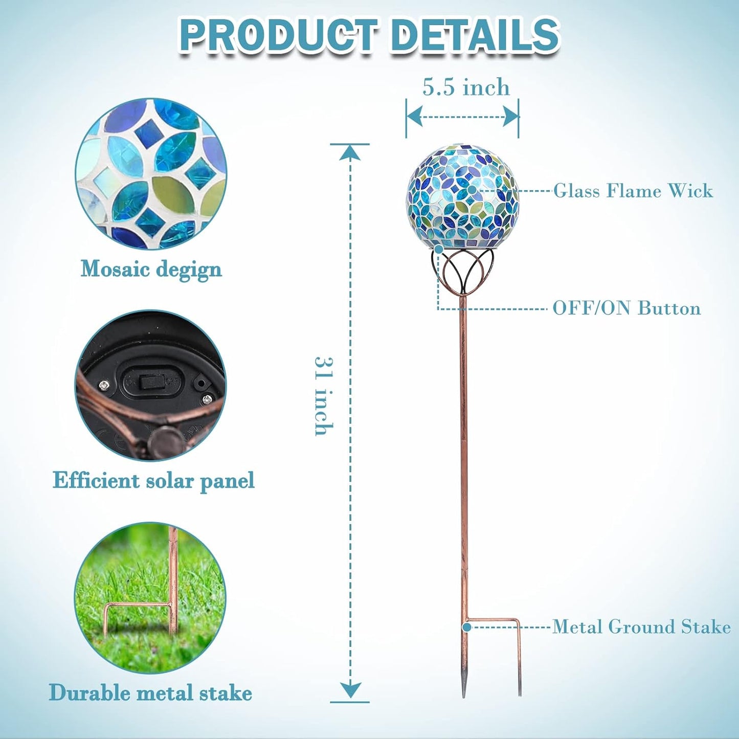 Solar Lights Outdoor Decorative, Solar Gazing Ball Mosaic Garden Stakes Decorative Waterproof Outdoor Lights for Pathway Yard Lawn Decoration (Blue)