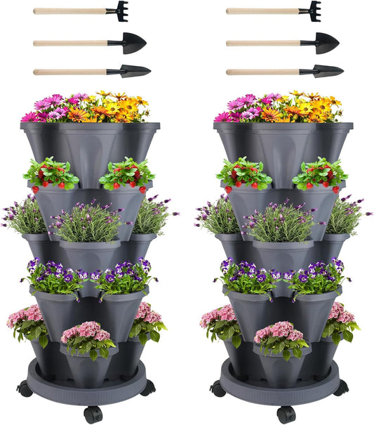 Vertical Planter 5 Tier Stackable Planters Garden Planters Strawberry Herb Flower and Vegetable Planter Indoor Outdoor Gardening Pots with Removable Wheels and Tools