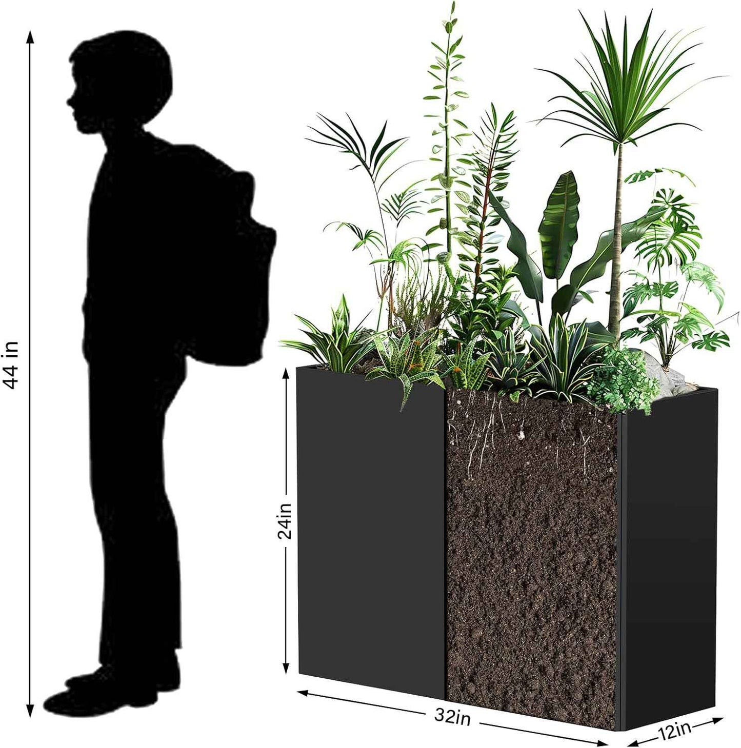 Galvanized Steel Planter with Removable Insert Shelf & 4 Drainage Holes - 32x12x24 Inches Large Planters for Outdoor/Indoor Patio, Porch Black