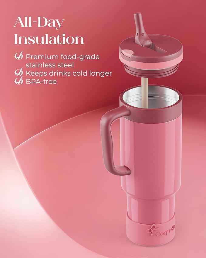 40 oz Insulated Tumbler with Handle and Push-Button Straw Lid, Stainless Steel Travel Cup for Gym Office, Leakproof, BPA-Free, Cup Holder Friendly, Bow Silicone Boot, Pink (Dusty Rose)