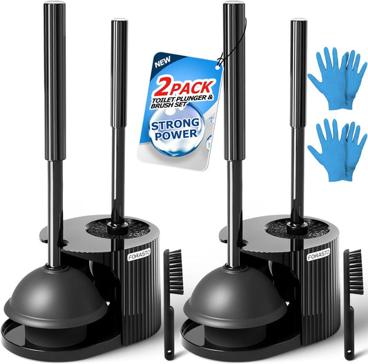 2Pack 2 in 1 Toilet Brush and Plunger Set, Extended Handle Plunger,Toilet Bowl Brush Plunger Set,Clean Gloves,Cleaning Tools,Cleaning Brush,Cleaning Supplies,Toilet Brush Plunger Combo,Black