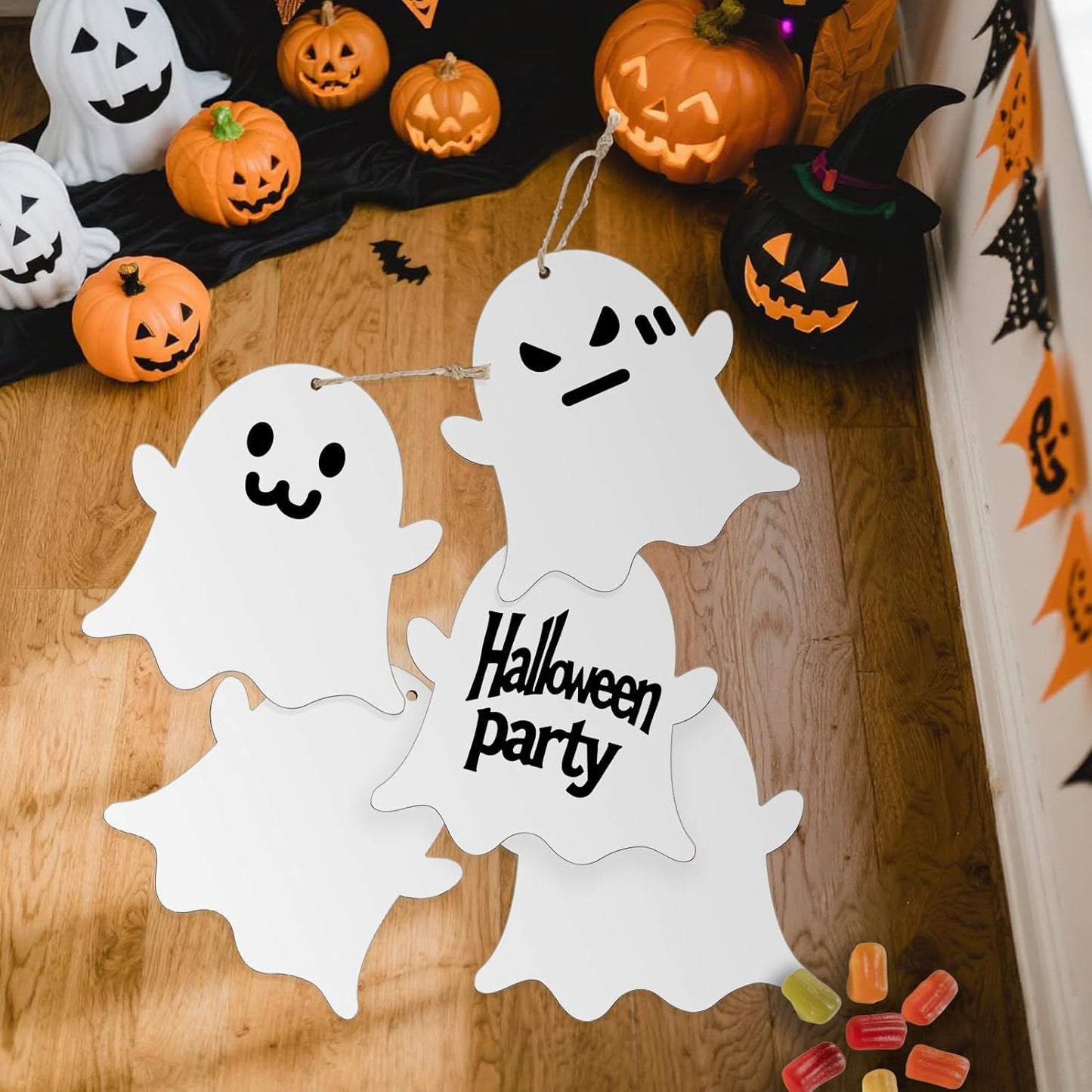 Large Size 7'' Wooden Halloween Ornaments to Paint 30 Pcs DIY Blank Unfinished Ghost Wooden Cutouts with Twines for Halloween Thanksgiving Day Fall Party