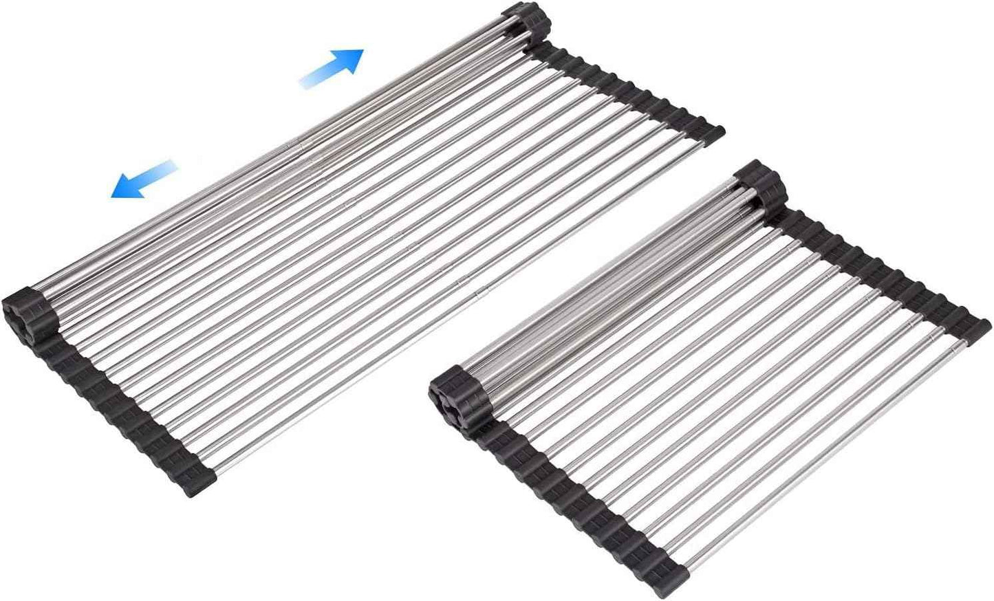 Large Telescopic Drain Rack Roll Up Rack Heat-Resistant Dish Drainer Kitchen Sink Rack Over the Sink Dish Drying Rack Stainless Steel Dish Rack (18 Tube 21.25''x12.79'')