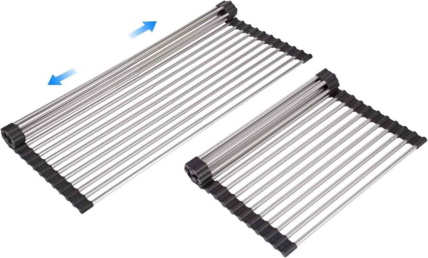 Large Telescopic Drain Rack Roll Up Rack Heat-Resistant Dish Drainer Kitchen Sink Rack Over the Sink Dish Drying Rack Stainless Steel Dish Rack (18 Tube 21.25''x12.79'')