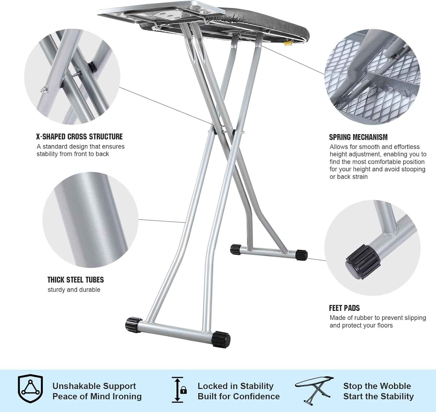 oleaf Ironing Board with Cover and Thicken Pad Height Adjustable Full Size Foldable Iron Board with Iron Rest, Stable Steel Legs, Metal Construction, Heat Resistant, Silver