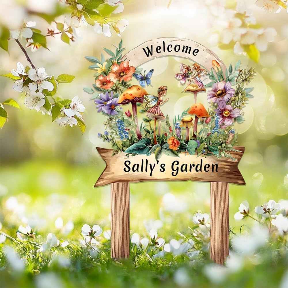 Cute Fairy Garden Metal Signs Custom with Stake,Gardeners Name Sign Personalized Decor for Outside Yard,Customized Gardening Gifts for Granddaughter Birthday,Butterfly Welcome Plaque for Lawn Patio