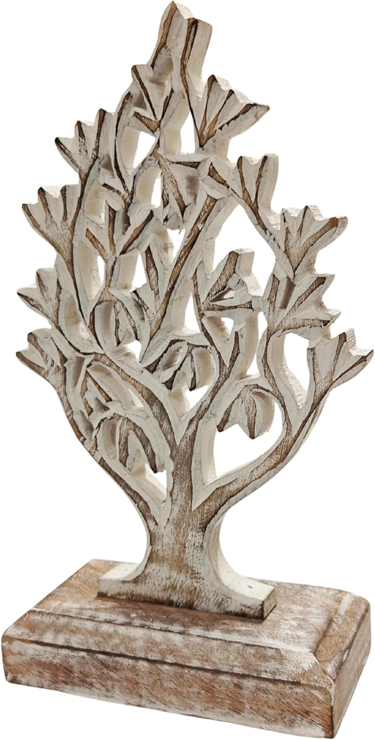 VANIYA CRAFTS® Rustic Wooden Tree Shape Table Sculpture – Handmade Carved Home Decor Accent for Living Room, Bedroom, Entryway, or Office (Antique White Finish)
