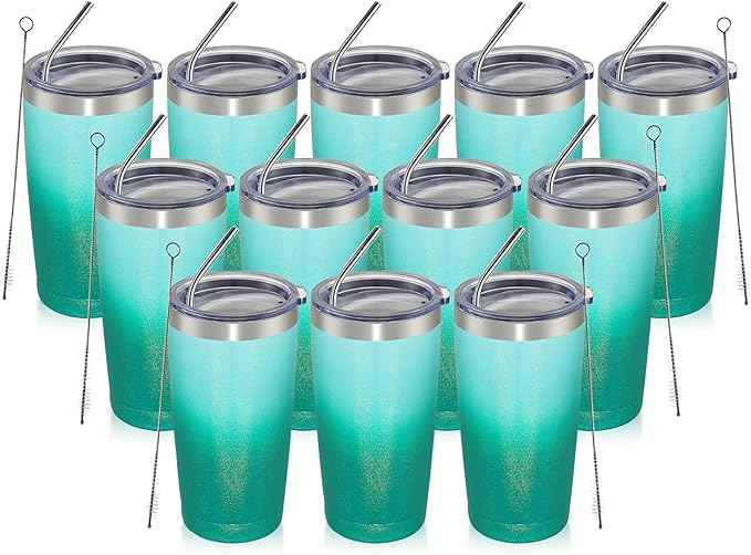 MEWAY 20oz Tumbler 12 Pack Double Wall Vacuum Insulated Travel Glitter Mug Bulk, Stainless Steel Tumblers with Lid and Straw, Powder Coated Coffee Cups for Woman(Gradient Green,Set of 12)