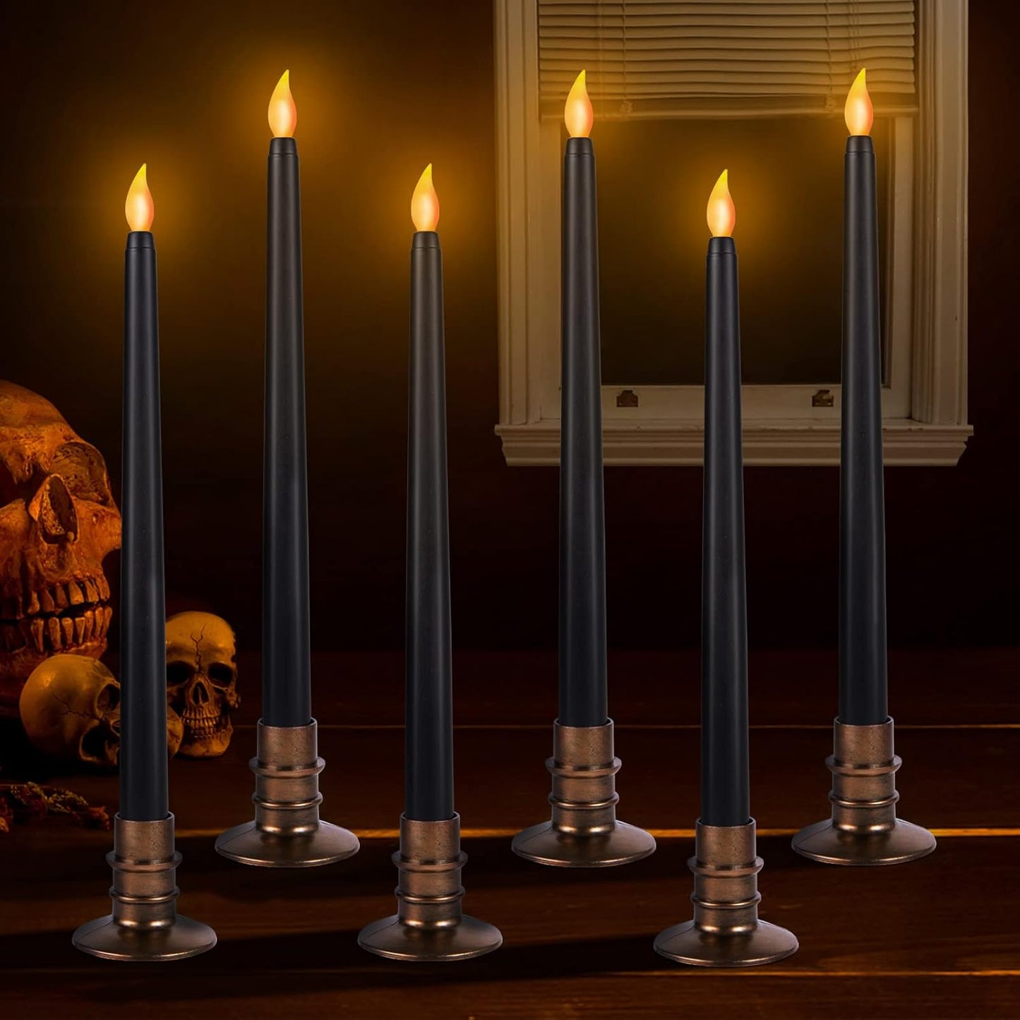 Alphatool 6 Packs Halloween Black LED Flameless Candles with Bases - Flicker Flame, Tall Taper Smokeless Dripless Candles, Decor for Fireplace Diningtable Bar School