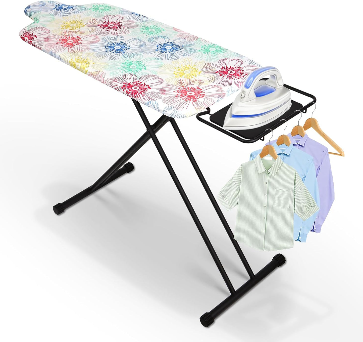 Extra Large Ironing Board with Hang Rail and Iron Rest 63" L x 20" W (Large with Iron Rest (Floral Cover))