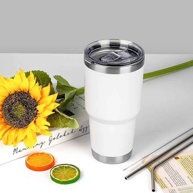 30 oz Tumbler with Lids and Straws Double Wall Insulated Tumbler Cup,Stainless Steel Leak-proof Thermal Coffee Tumbler Powder Coated Travel Mug for Cold and Hot Beverages,White