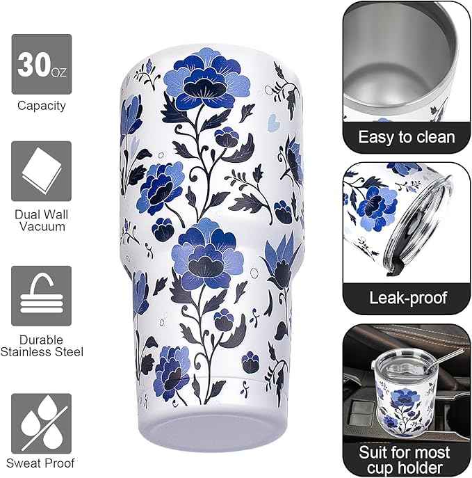 30 oz Tumbler with Lids and Straws Double Wall Insulated Tumbler Cup,Stainless Steel Vacuum Tumbler Powder Coated Travel coffee Mug for Cold and Hot Drinks,Blue and White Porcelain