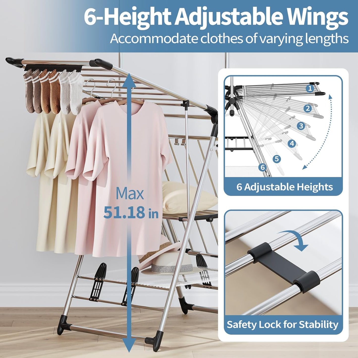 APEXCHASER Clothes Drying Rack with High Hanger, Foldable 3-Level Drying Racks with Shoe Rack, Crossbar and Vertical Rod Laundry Stand with Adjustable Wings Silver